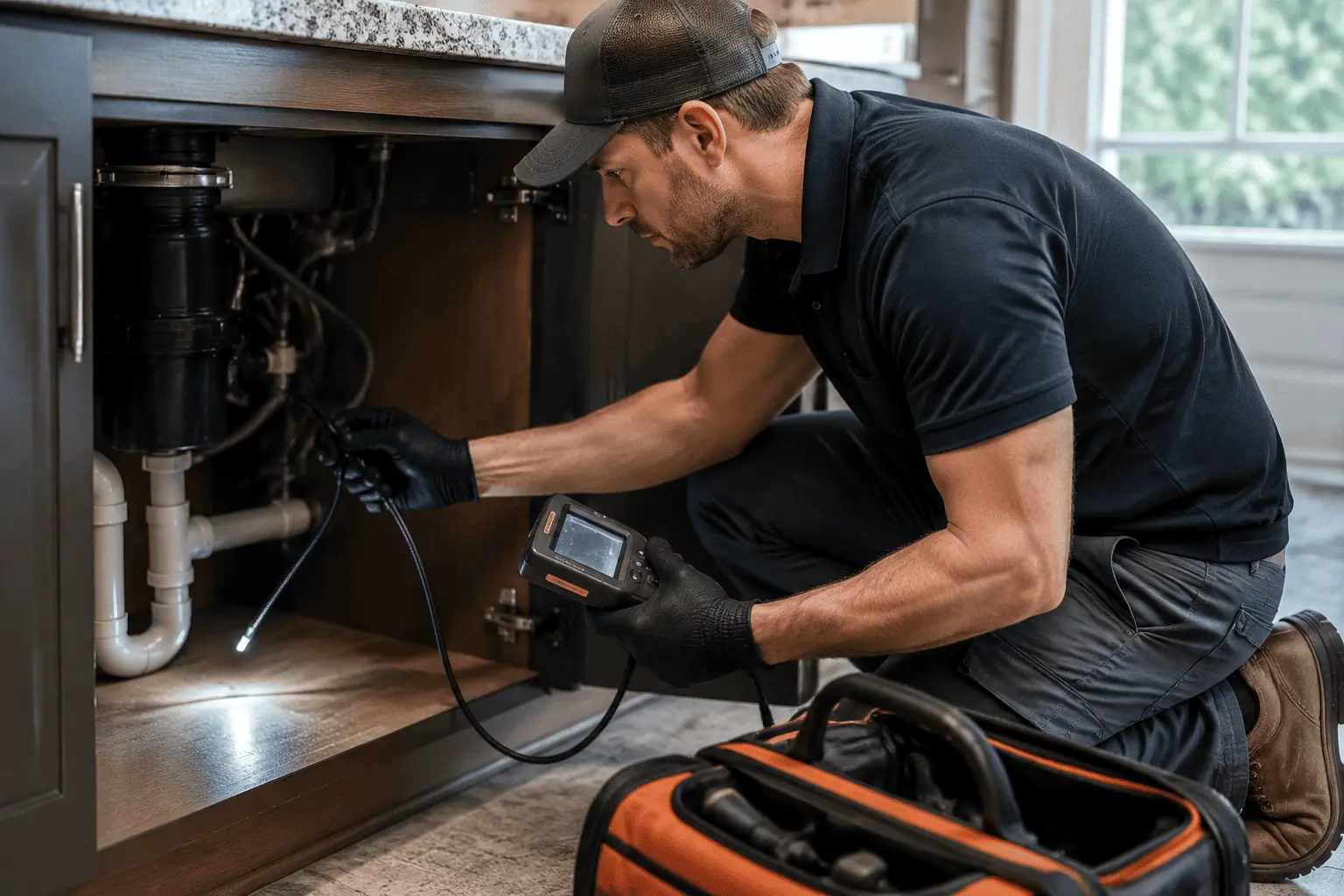 Leak detection technician finding a hidden leak under a sink in a Tyler, TX home